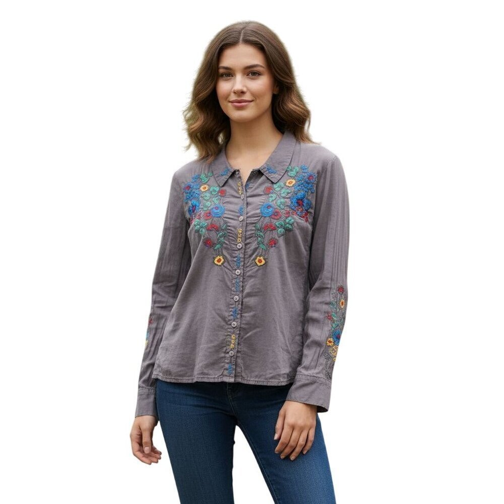 Johnny Was One Of A Kind Sample Taupe Embroidered Button Down Blouse Size S